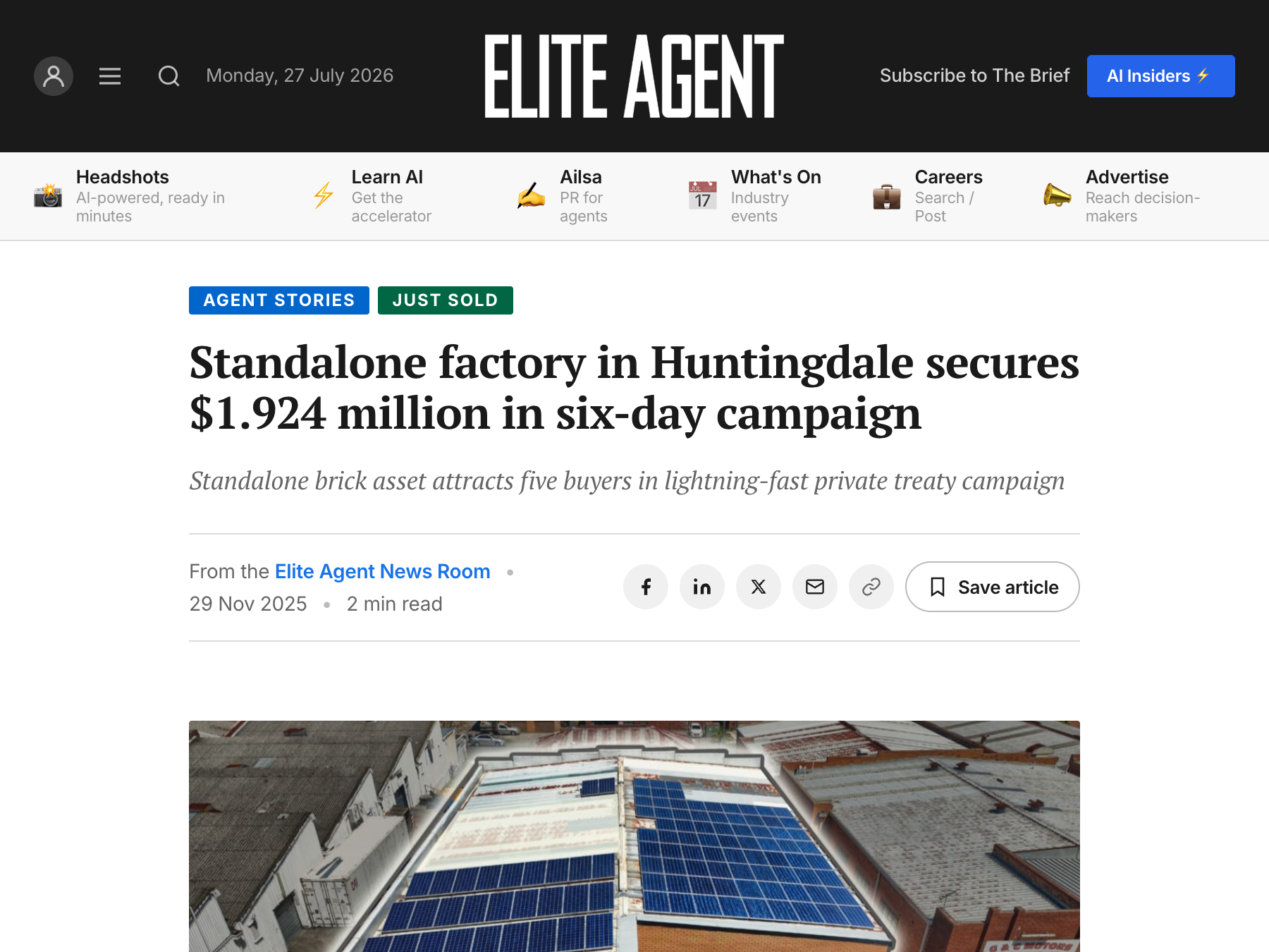 Published Elite Agent story: Standalone factory secures $1.924 million in six-day campaign